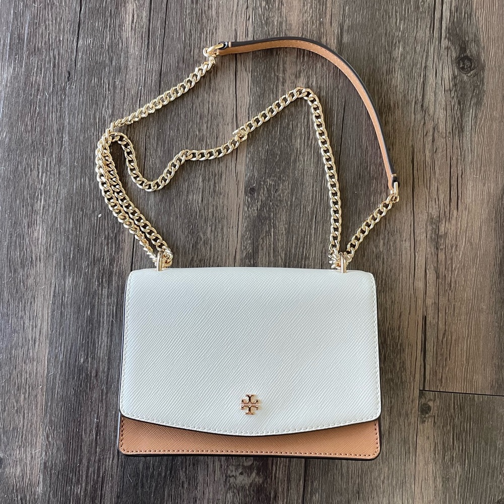 Tory Burch Two-Tone White & Tan Chain Shoulder Bag